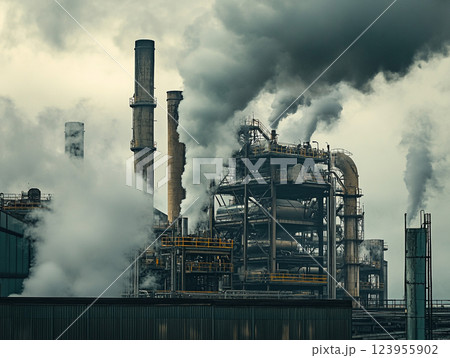 An industrial refinery with numerous smokestacks emitting thick black and gray smoke, indicating heavy pollution. The scene highlights environmental concerns related to industrial emissions. 123955902