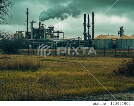 An industrial refinery with numerous smokestacks emitting thick black and gray smoke, indicating heavy pollution. The scene highlights environmental concerns related to industrial emissions. An industrial refinery with numerous smokestacks emitting thick black and gray smoke, indicating heavy pollution. The scene highlights environmental concerns related to industrial emissions. 123955903