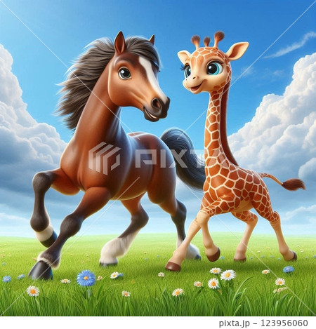 キリンと野原を駆ける馬 123956060