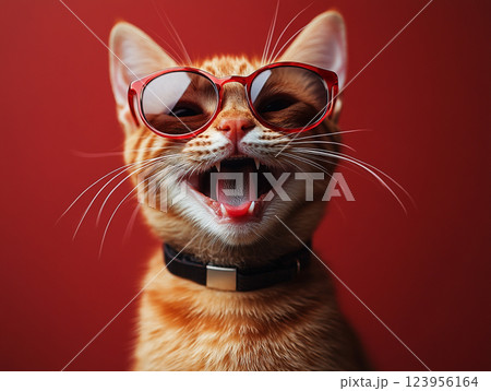 A cat wearing sunglasses and a collar sits against a solid background. A cat wearing sunglasses and a collar sits against a solid background. 123956164