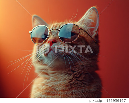 A cat wearing sunglasses and a collar sits against a solid background. A cat wearing sunglasses and a collar sits against a solid background. 123956167