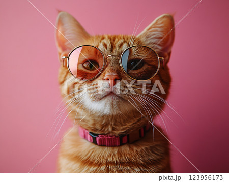A cat wearing sunglasses and a collar sits against a solid background.  123956173