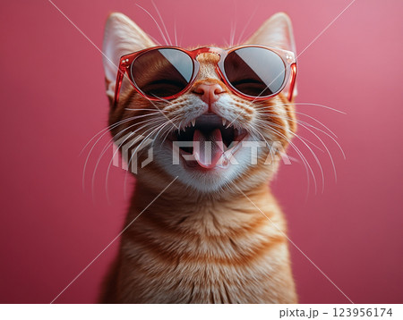 A cat wearing sunglasses and a collar sits against a solid background. A cat wearing sunglasses and a collar sits against a solid background. 123956174