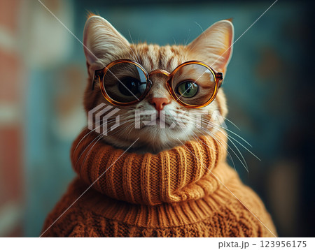 A cat wearing sunglasses and a collar sits against a solid background. A cat wearing sunglasses and a collar sits against a solid background. 123956175