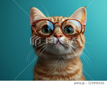 A cat wearing sunglasses and a collar sits against a solid background.  123956182