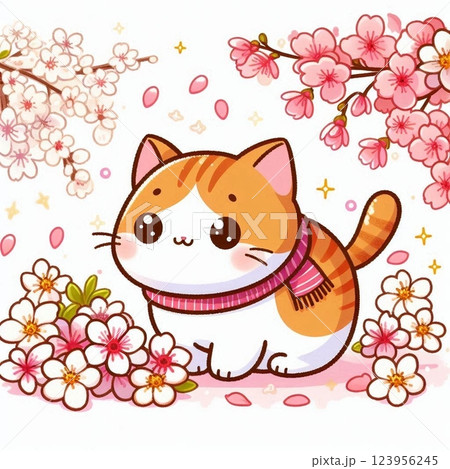 サクラを眺めるかわいいネコのイラスト素材 [123956245] - PIXTA
