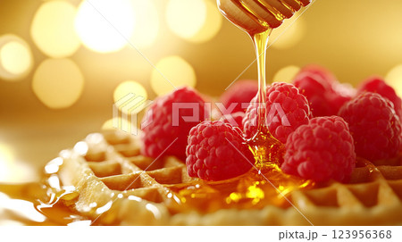 A close-up of a waffle topped with raspberries and drizzled with honey, with a warm, golden bokeh background. A close-up of a waffle topped with raspberries and drizzled with honey, with a warm, golden bokeh background. 123956368