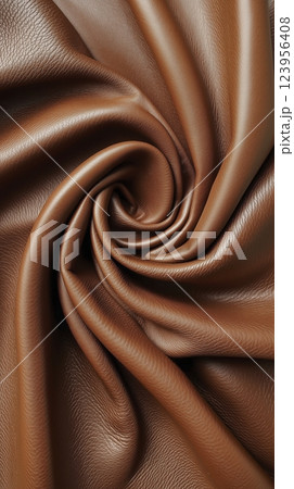 Rich brown leather fabric elegantly twisted to showcase its soft texture and luxurious appearance in natural light. Generative AI 123956408