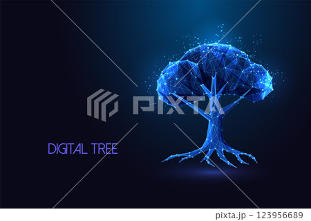 Sustainable digital tree with polygonal blue wireframe structure on dark blue background. ESG vector 123956689