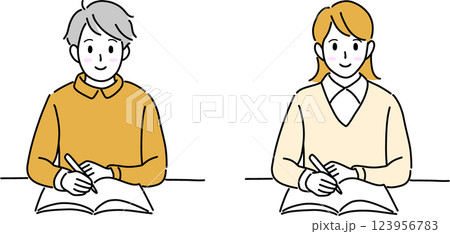 机で勉強するシンプルな男子と女子の学生のイラスト 123956783