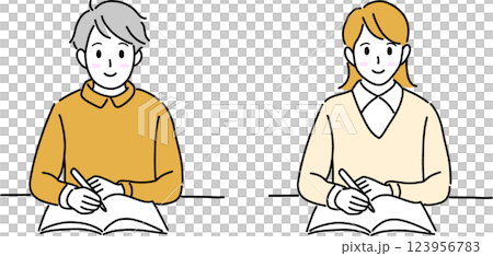 机で勉強するシンプルな男子と女子の学生のイラスト 123956783