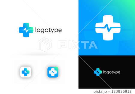 Telemedicine logo with medical cross, symbolizing digital healthcare and online consultations. Suitable for telehealth, virtual clinics, online pharmacies, healthcare apps. Vector logo concept 123956912