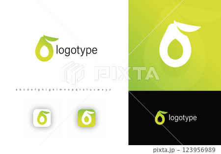 Avocado or pear logo with drop-shaped cutout and leaf, symbolizing organic food, fresh produce, healthy nutrition. Suitable for eco-friendly food brands, juice companies, farms. Modern vector logo Avocado or pear logo with drop-shaped cutout and leaf, symbolizing organic food, fresh produce, healthy nutrition. Suitable for eco-friendly food brands, juice companies, farms. Modern vector logo 123956989