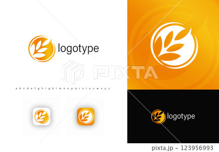 Golden wheat emblem inside circular frame representing agriculture, harvest, organic food production. Suitable for farms, agribusiness, eco-friendly brands, organic food companies. Modern vector logo 123956993