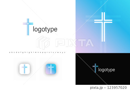 Minimalist cross logo with a soft gradient, symbolizing faith, spirituality, and Christian values. Ideal for churches, ministries, and religious organizations. Vector logo 123957020