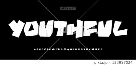 Graffiti block letters, bold street font, angular urban typography, dynamic geometric typeface, youthful high-impact modern typographic design. Vector typeset 123957024