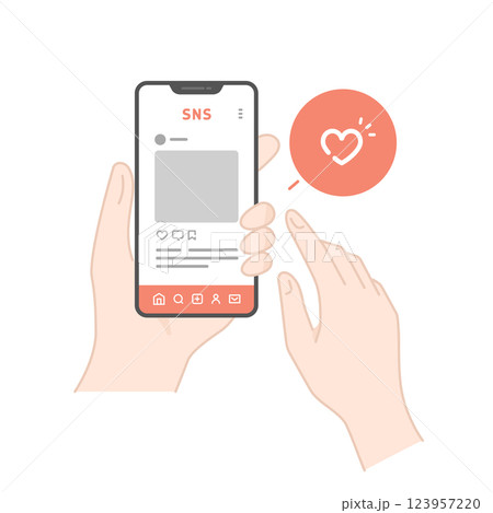 スマホに表示された写真投稿アプリのSNS画面のイラスト(線画・カラー) 123957220
