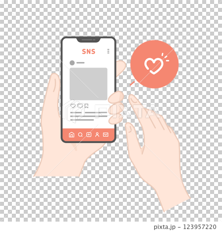 スマホに表示された写真投稿アプリのSNS画面のイラスト(線画・カラー) 123957220