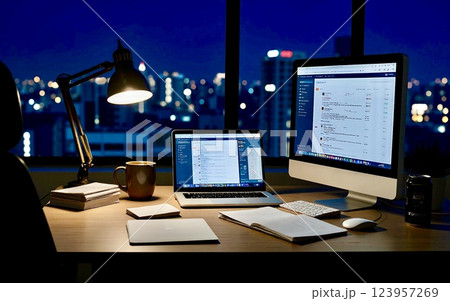 夜遅くのオフィスデスクワーク｜都会の夜景と静かな作業空間 123957269