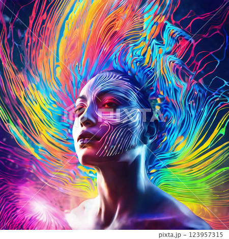 Ethereal Futuristic Woman with Neon Abstract Hair 123957315