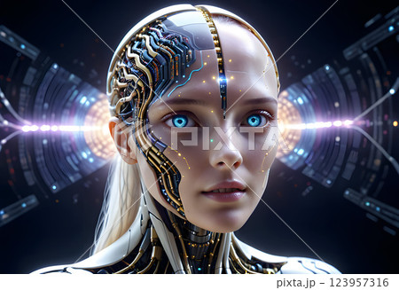 Futuristic Female Cyborg with Blue Eyes and Advanced Technology 123957316