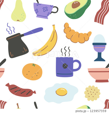 Seamless pattern with breakfest time elements in colorful modern style. Seamless pattern with breakfest time elements in colorful modern style. 123957359