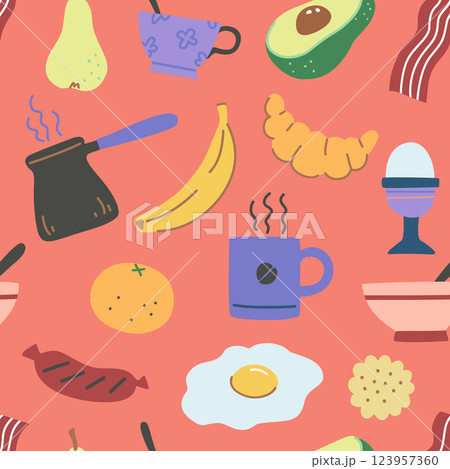 Seamless pattern with breakfest time elements in colorful modern style.  123957360