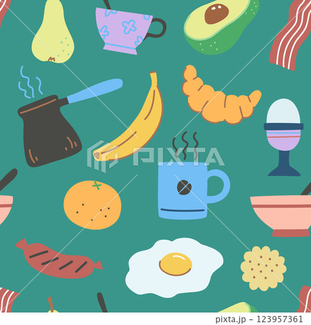 Seamless pattern with breakfest time elements in colorful modern style.  123957361