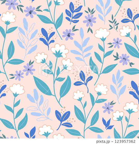 Seamless pattern with cute gentle doodle flowers. Feminine romantic print for scrapbooking and textile.  123957362