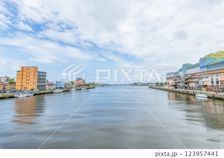 夏の北海道　北海道釧路市　釧路川河口の風景　釧路フィッシャーマンズワーフと周辺の街並み 123957441
