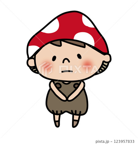 しょんぼりしているきのこの格好をしている子供 しょんぼりしているきのこの格好をしている子供 123957833