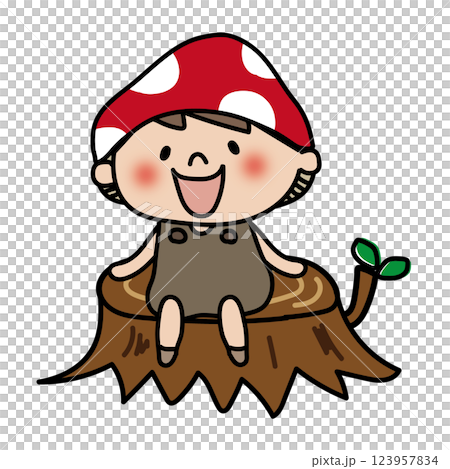 Child dressed as a mushroom sitting on a stump 1 Child dressed as a mushroom sitting on a stump 1 123957834