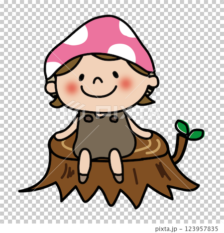 Child dressed as a mushroom sitting on a stump 2 123957835