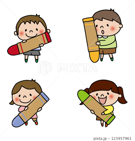 大きなクレヨンを持っている子供たちセット 123957961