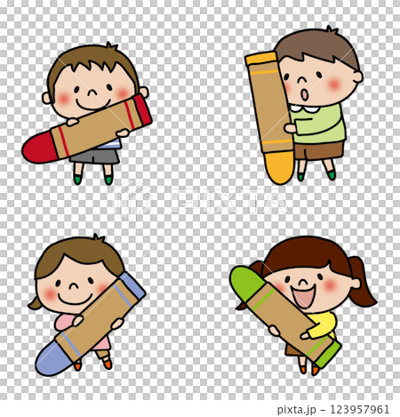 大きなクレヨンを持っている子供たちセット 123957961