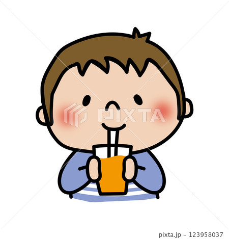 ストローでオレンジジュースを飲む子供(男の子1) ストローでオレンジジュースを飲む子供(男の子1) 123958037
