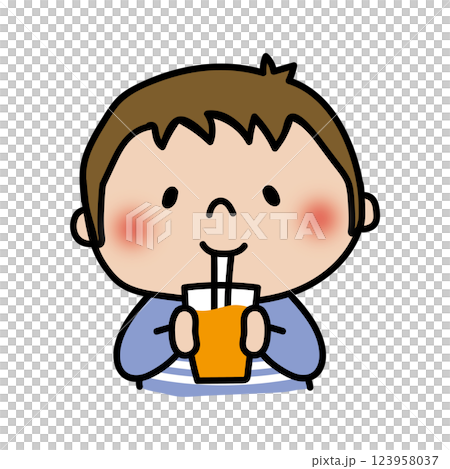 ストローでオレンジジュースを飲む子供(男の子1) ストローでオレンジジュースを飲む子供(男の子1) 123958037
