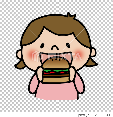 A child (girl 1) eating a hamburger with his mouth wide open A child (girl 1) eating a hamburger with his mouth wide open 123958043