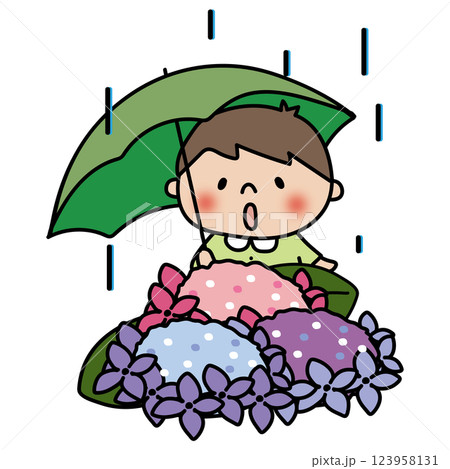 雨の日に傘をさして紫陽花を見つめる子供（男の子） 123958131