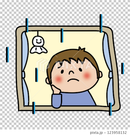 雨の日に困った顔で窓の外を見つめる子供（男の子） 123958132