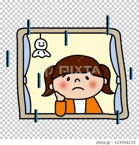 A child (girl) gazing out the window with a troubled look on a rainy day 123958133