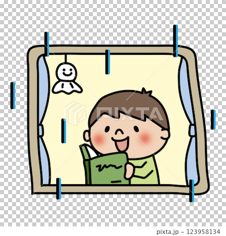 雨の日に家で読書をする子供（男の子） 123958134