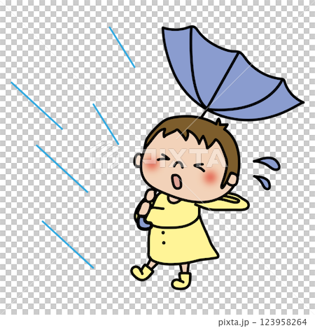 一名男孩撐著傘,被颱風的強風雨吹得翻倒 一名男孩撐著傘,被颱風的強風雨吹得翻倒 123958264