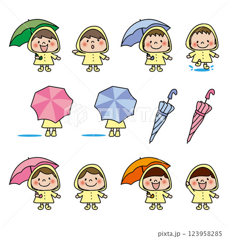 雨合羽を着て傘をさしている子供たちセット 123958285