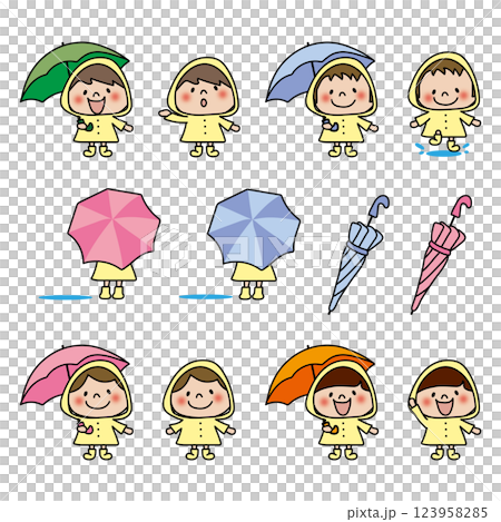一群穿著雨衣、打著傘的孩子 123958285