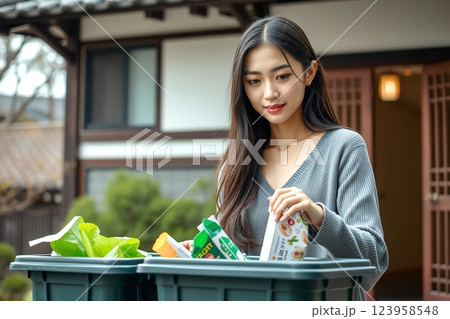 ゴミの仕分けをする女性 123958548