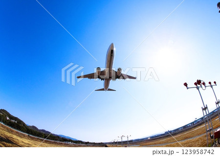 着陸直前のボーイング737　魚眼レンズ撮影 123958742