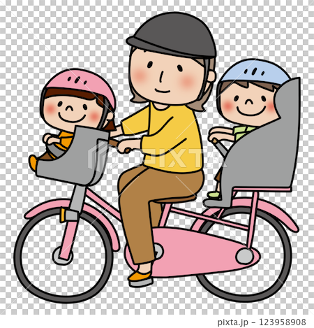 ヘルメットをかぶって前と後ろに子供を乗せて自転車に乗るママ 123958908