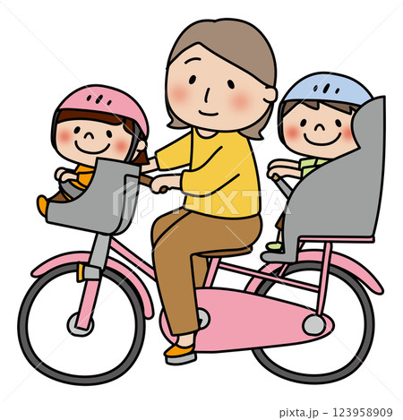前と後ろに子供を乗せて自転車に乗るママのイラスト素材 [123958909