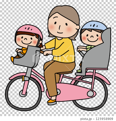 A mother riding a bicycle with children in the front and back A mother riding a bicycle with children in the front and back 123958909